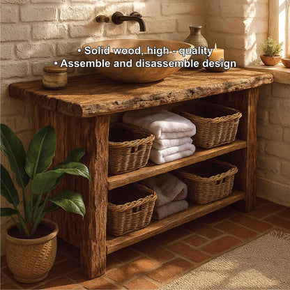 Rustic Handcrafted Solid Wood Bathroom Vanity with Open Shelves and Natural Live Edge Design Kitchnce