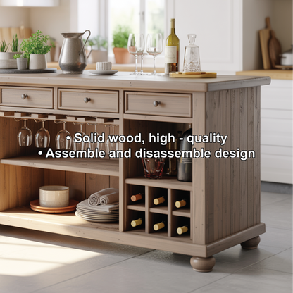 Handcrafted Solid Wood Kitchen Island with Wine Storage, Drawers, and Open Shelving Kitchnce
