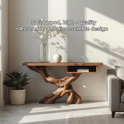 Handcrafted Solid Wood Console Table with Organic Tree-Root Base and Floating Shelf Design Kitchnce