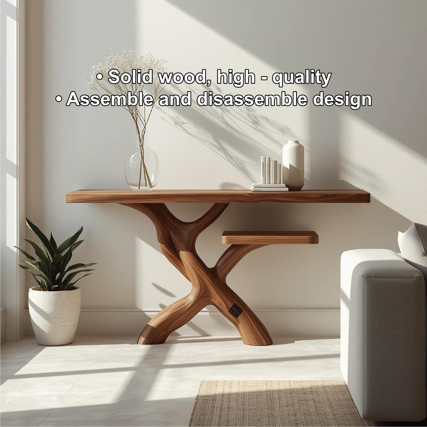 Handcrafted Solid Wood Console Table with Modern Branch-Inspired Base and Minimalist Design Kitchnce