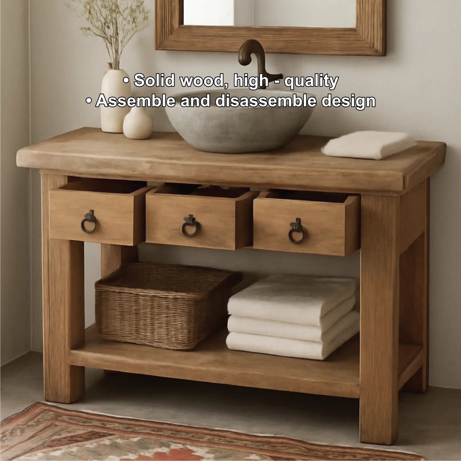 Handcrafted Solid Wood Bathroom Vanity with Rustic Drawers and Open Shelf for Natural Interiors Kitchnce