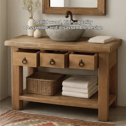 Handcrafted Solid Wood Bathroom Vanity with Rustic Drawers and Open Shelf for Natural Interiors Kitchnce