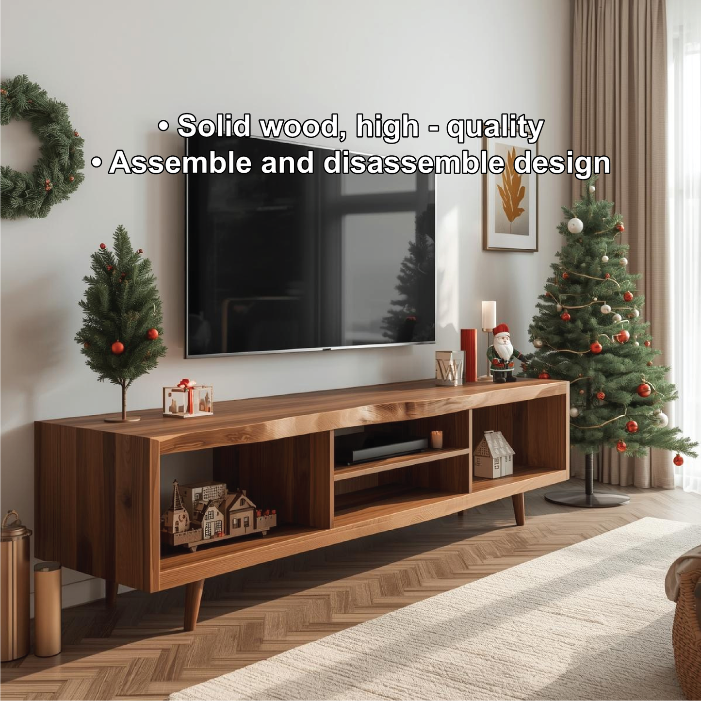 Handcrafted Solid Wood TV Stand with Mid-Century Design and Natural Finish for Modern Living Rooms Kitchnce