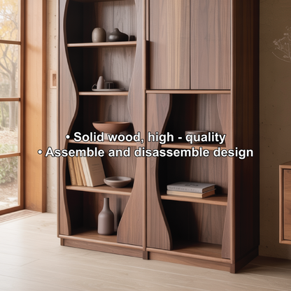 Handcrafted Solid Wood Dining Cabinet with Sculpted Curved Panels and Open Display Shelves Kitchnce
