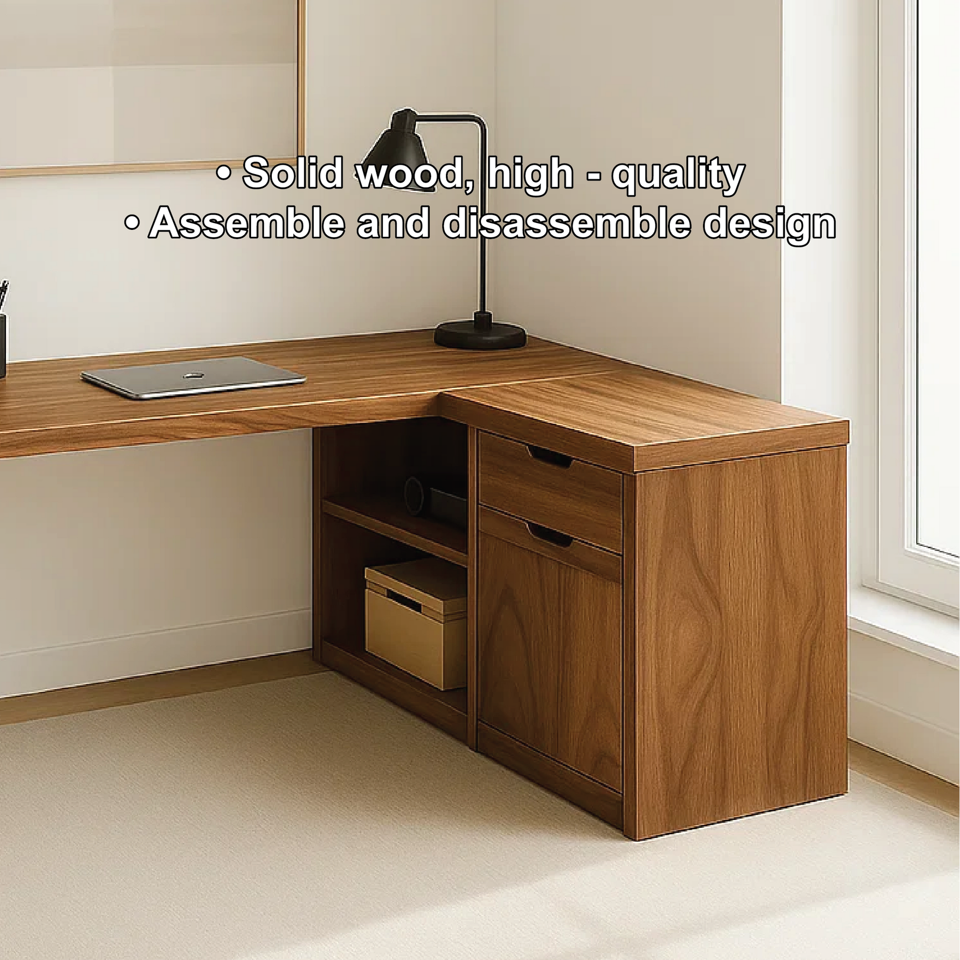 Handcrafted Solid Wood L-Shaped Work Desk – Modern Corner Office Table with Storage Drawers Kitchnce