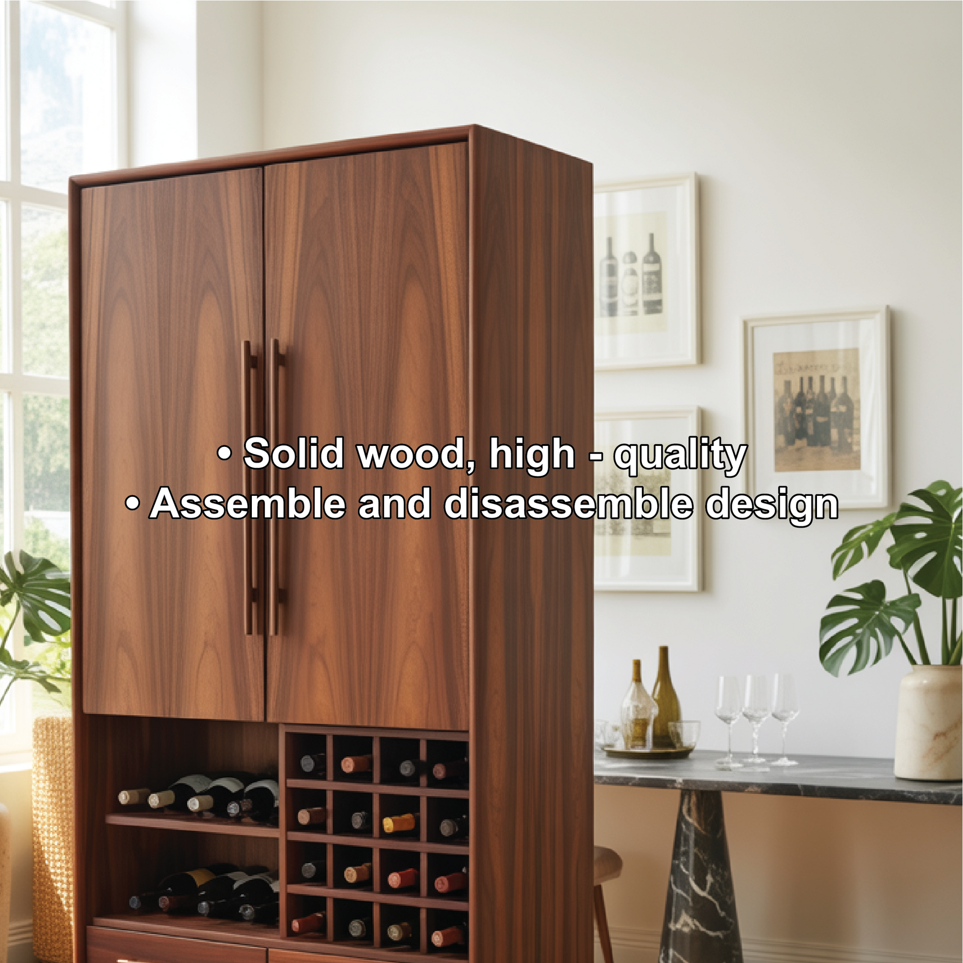 Handcrafted Solid Wood Dining Cabinet with Wine Rack, Tall Double Doors and Storage Drawers Kitchnce