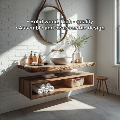 Handcrafted Solid Wood Floating Vanity with Natural Live Edge Top and Modern Minimalist Style Kitchnce