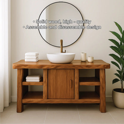 Handcrafted Solid Wood Bathroom Vanity with Center Cabinet and Open Shelves in Natural Finish Kitchnce