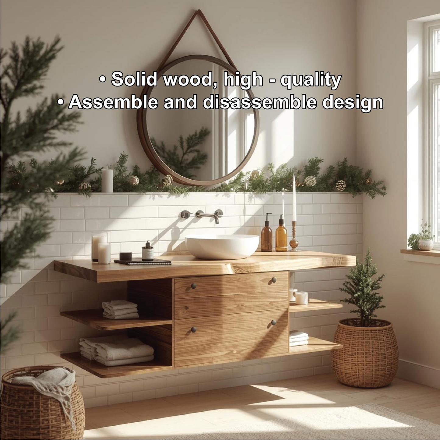 Handcrafted Solid Wood Floating Bathroom Vanity with Shelf Storage and Natural Modern Design Kitchnce