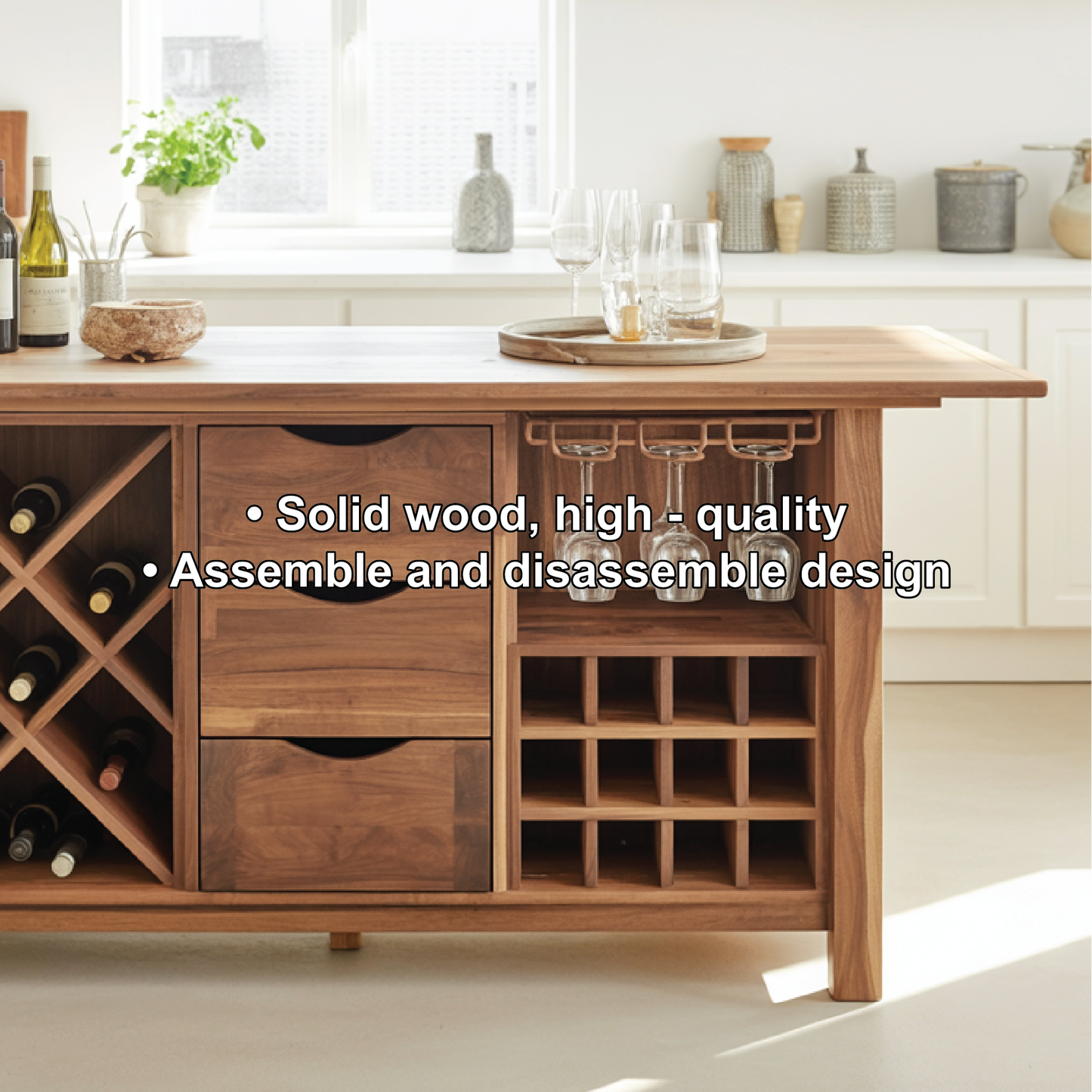 Handcrafted Solid Wood Dining Cabinet with Wine Storage, Drawers, and Hanging Glass Rack Kitchnce