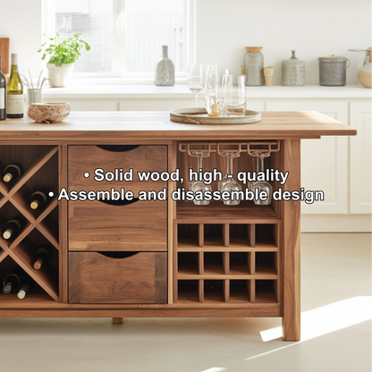 Handcrafted Solid Wood Dining Cabinet with Wine Storage, Drawers, and Hanging Glass Rack Kitchnce
