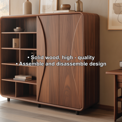 Handcrafted Solid Wood Dining Cabinet with Open Shelves and Curved Door Design for Modern Homes Kitchnce
