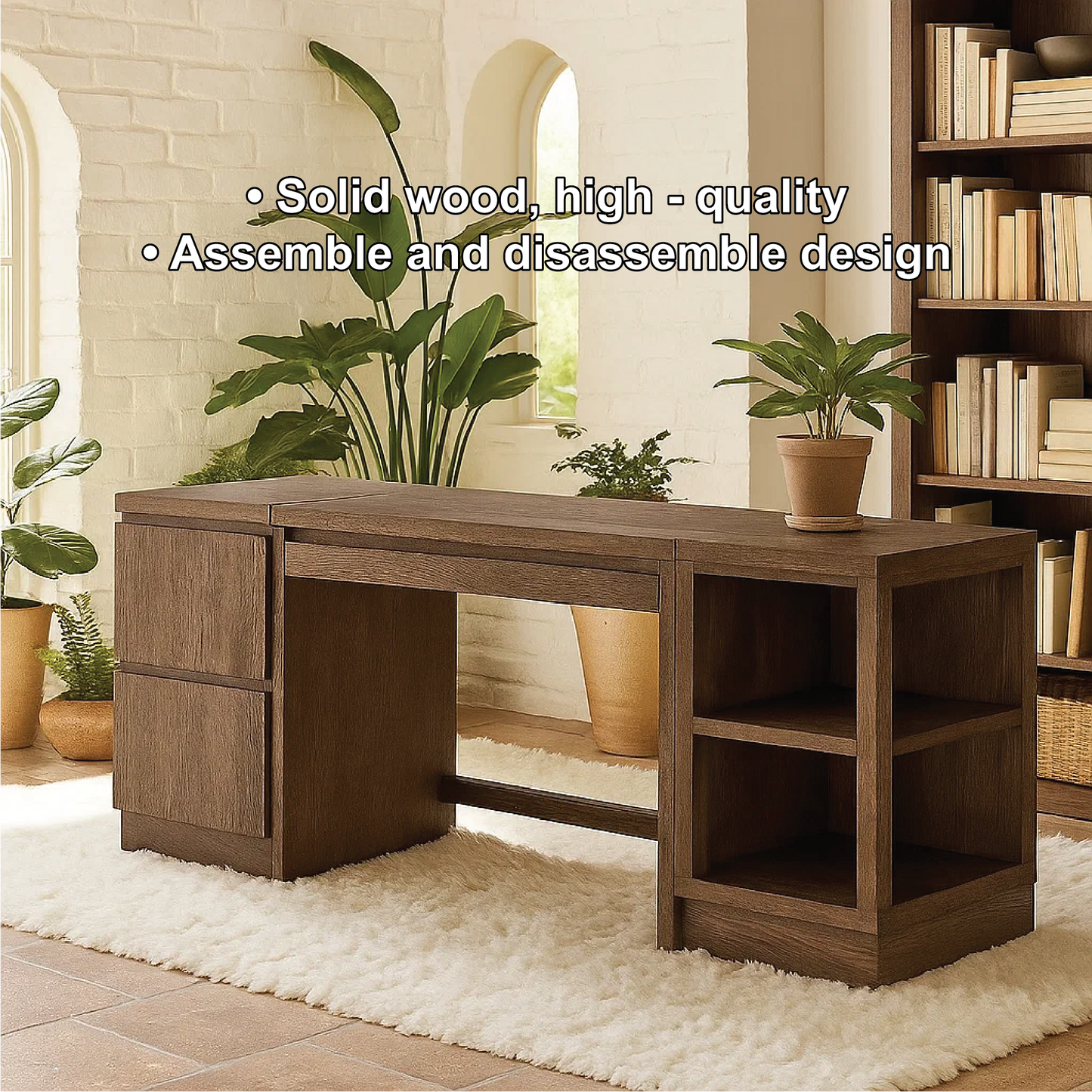 Handcrafted Solid Wood Work Desk – Modern Office Table with Storage Drawers and Open Shelves Kitchnce