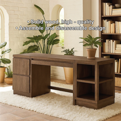 Handcrafted Solid Wood Work Desk – Modern Office Table with Storage Drawers and Open Shelves Kitchnce