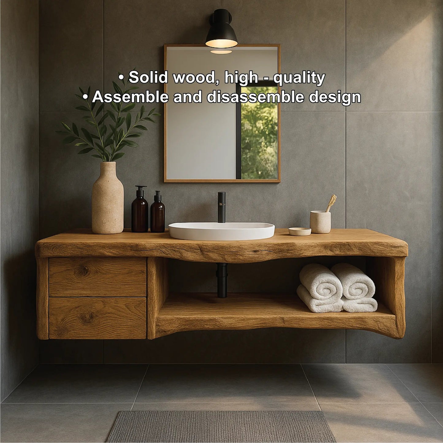 Handcrafted Solid Wood Floating Vanity with Natural Live Edge Design and Modern Minimalist Style Kitchnce