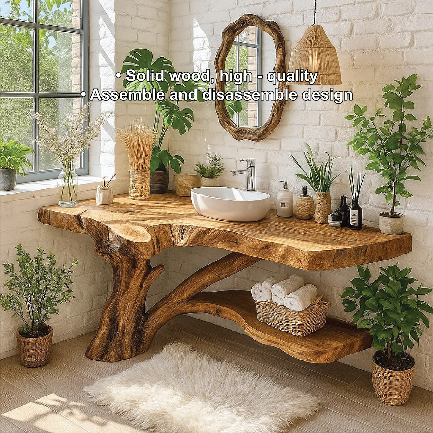Handcrafted Solid Wood Bathroom Vanity with Natural Tree Trunk Base and Live Edge Design Kitchnce