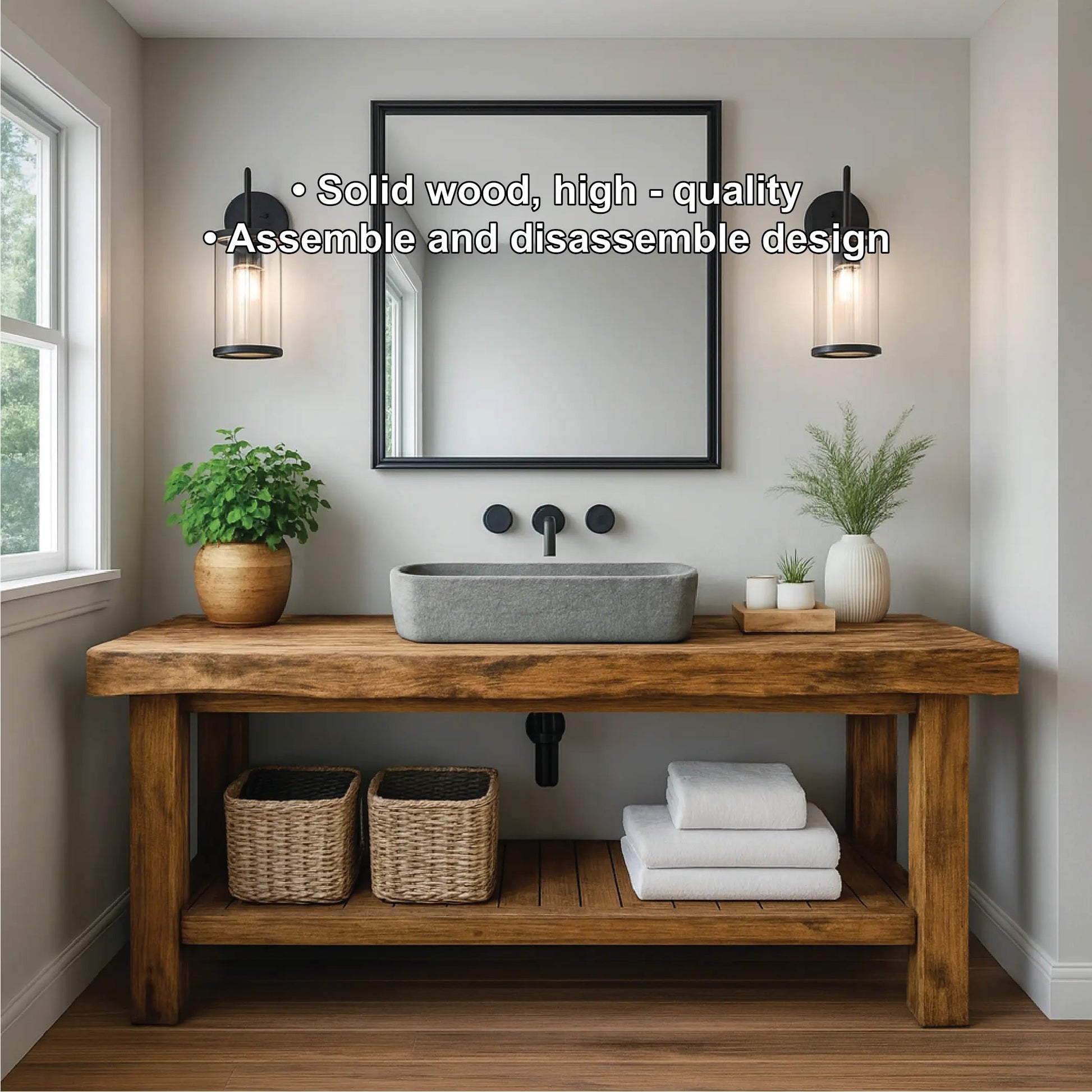 Rustic Solid Wood Bathroom Vanity with Slatted Shelf and Natural Finish for Handcrafted Interiors Kitchnce