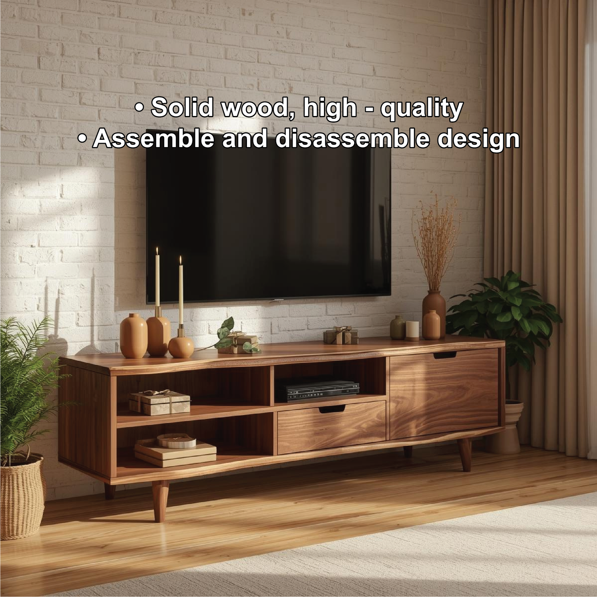 Handcrafted Solid Wood TV Stand with Mid-Century Modern Design and Open Storage Shelves Kitchnce