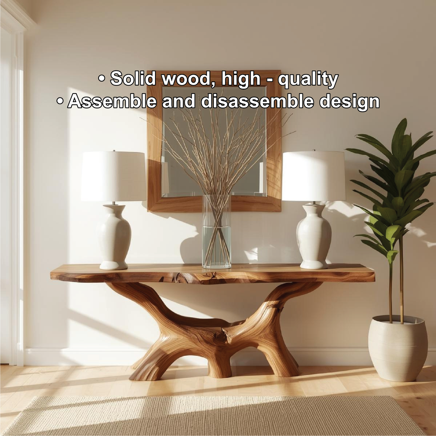 Handcrafted Solid Wood Console Table with Natural Live Edge and Organic Sculptural Base Kitchnce