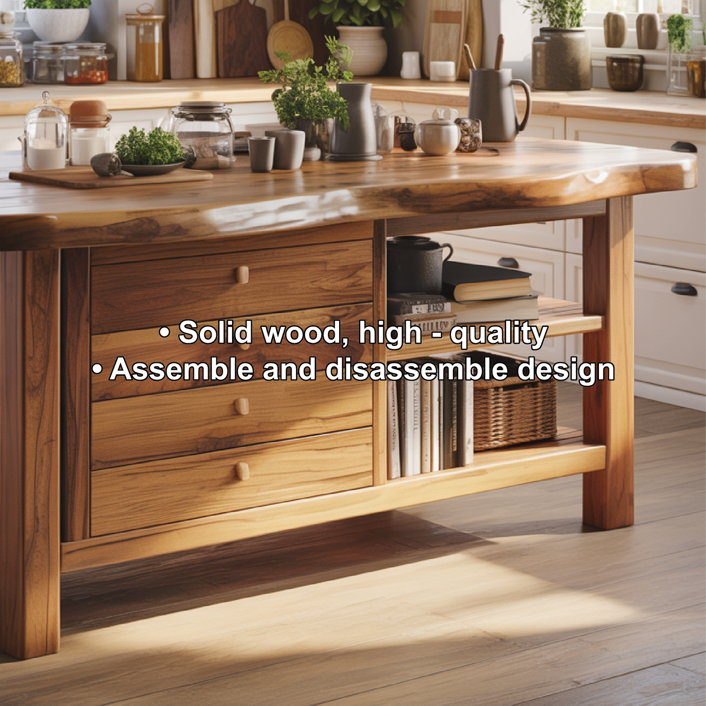 Handcrafted Solid Wood Kitchen Island with Drawers, Open Shelves, and Natural Live-Edge Top Kitchnce