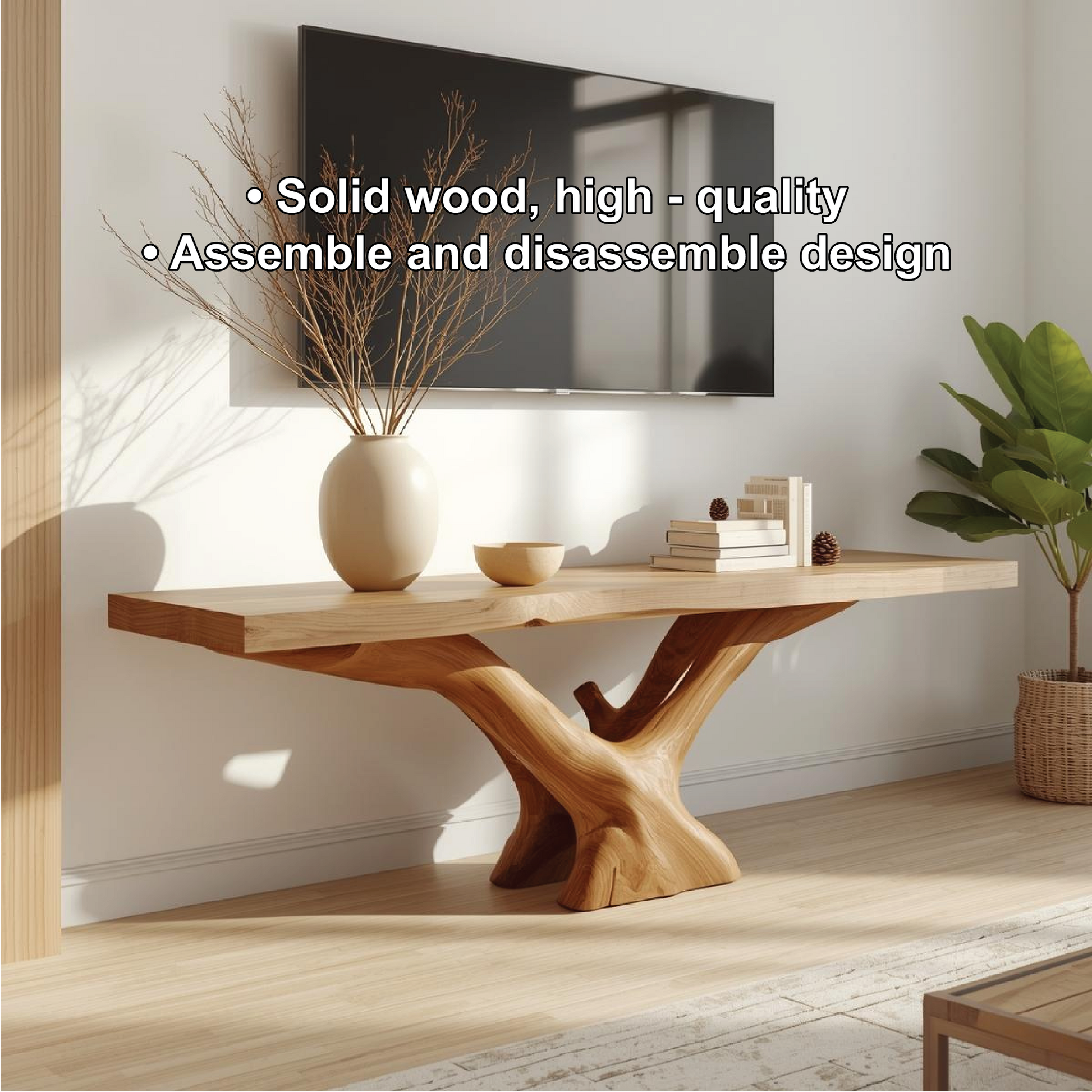 Rustic Solid Wood TV Stand Sculptural Base Media Console Modern Entertainment Table Kitchnce