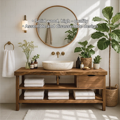 Handcrafted Solid Wood Bathroom Vanity with Open Shelf Storage and Natural Rustic Finish Kitchnce