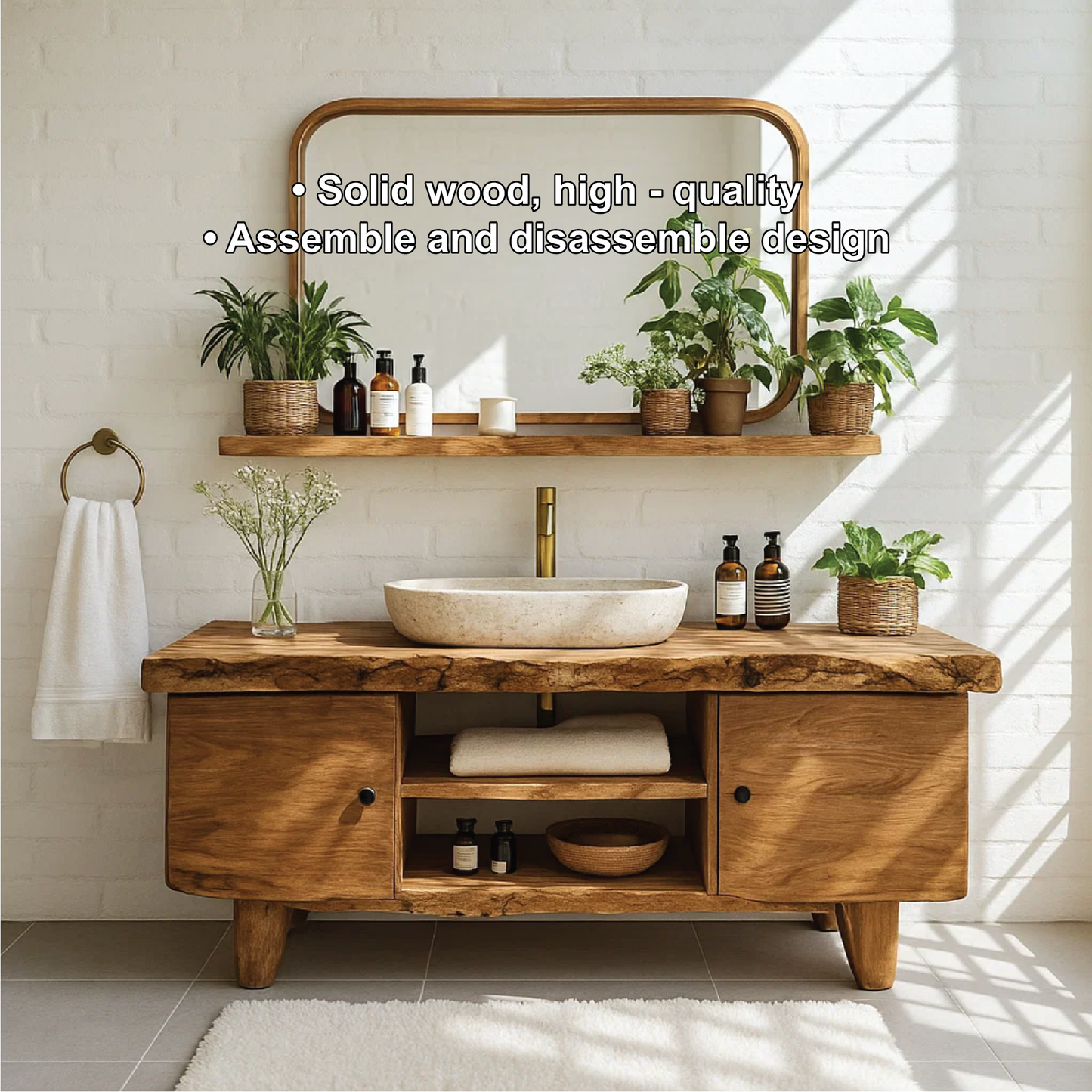 Handcrafted Solid Wood Bathroom Vanity with Live Edge Top and Natural Minimalist Design Kitchnce
