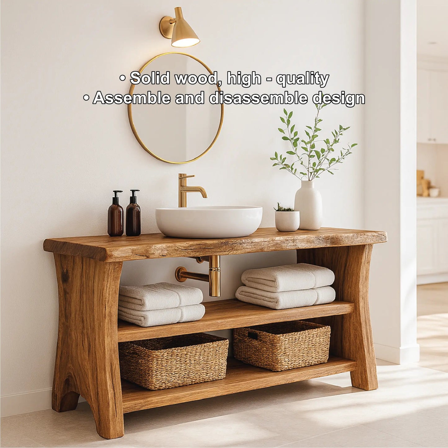 Handcrafted Solid Wood Bathroom Vanity with Live Edge Design and Open Shelf Bathroom Storage Kitchnce