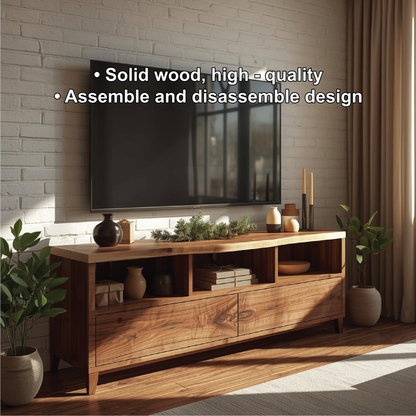 Handcrafted Solid Wood TV Stand with Natural Live Edge and Modern Open Storage Design Kitchnce
