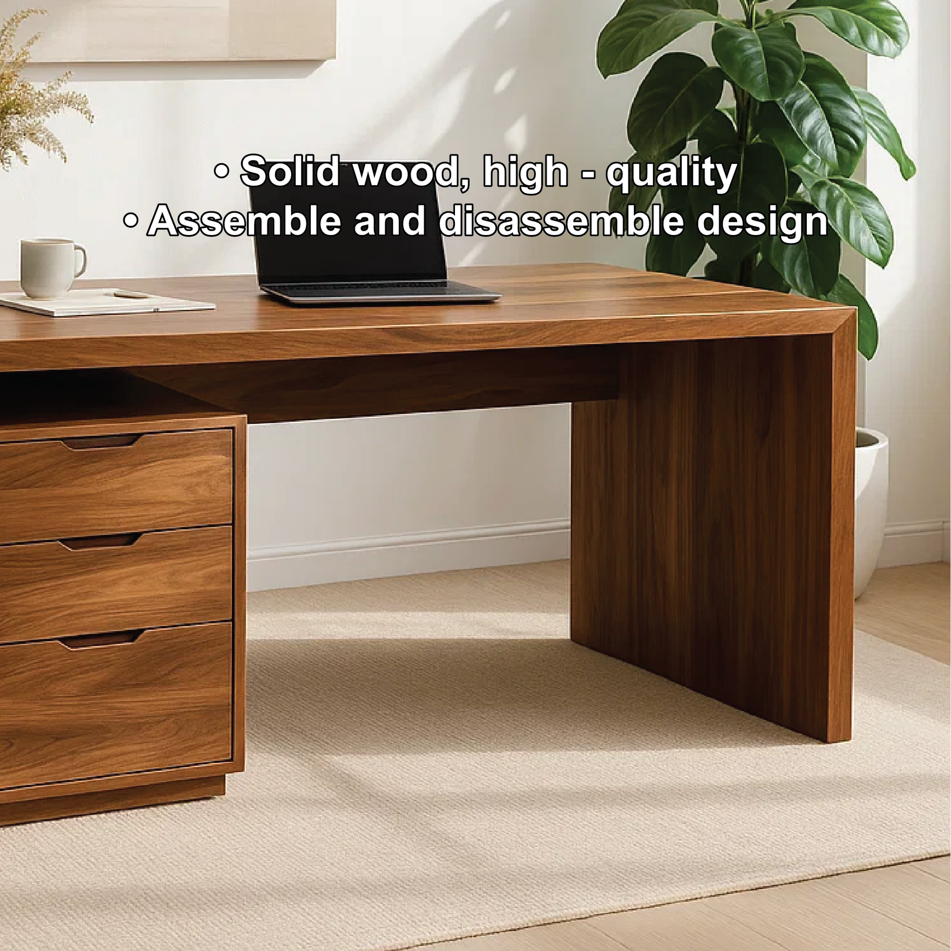 Handcrafted Solid Wood Work Desk – Minimalist Executive Office Table with 3-Drawer Storage Kitchnce