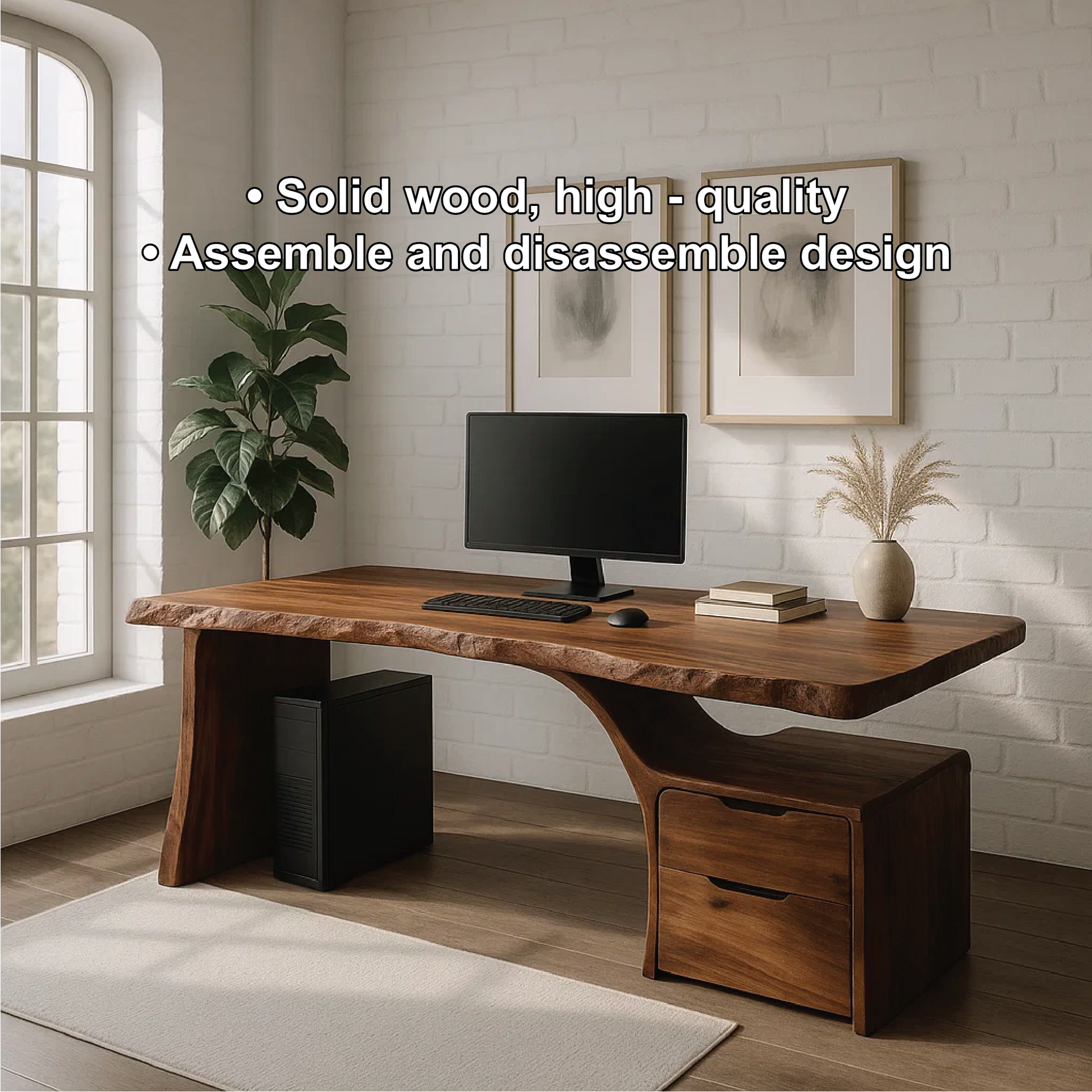 Handcrafted Solid Wood Work Desk – Live Edge Office Table with Organic Curved Base and Drawers Kitchnce