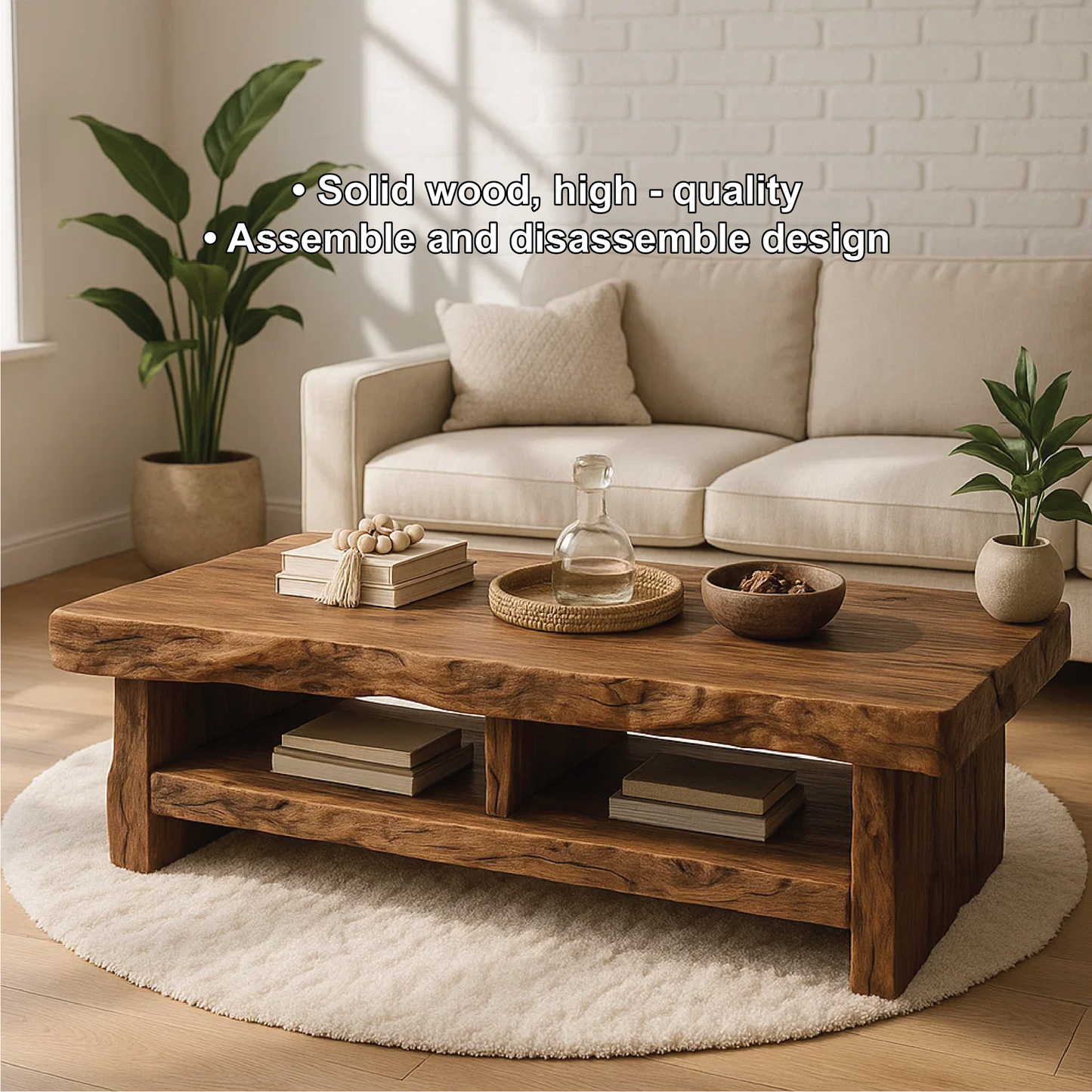 Handcrafted Solid Wood Coffee Table with Live Edge Design and Double Shelf for Storage Kitchnce