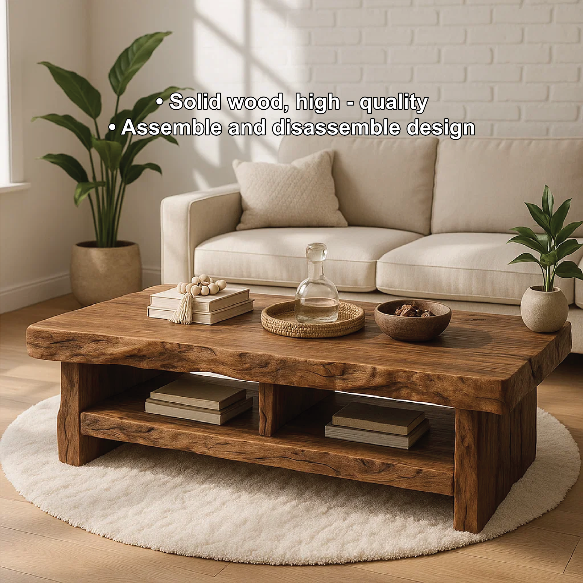Handcrafted Solid Wood Coffee Table with Live Edge Design and Double Shelf for Storage Kitchnce