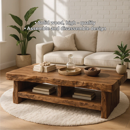 Handcrafted Solid Wood Coffee Table with Live Edge Design and Double Shelf for Storage Kitchnce