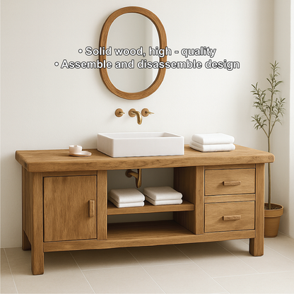 Handcrafted Solid Wood Bathroom Vanity with Drawers and Cabinet in Minimalist Natural Finish Kitchnce