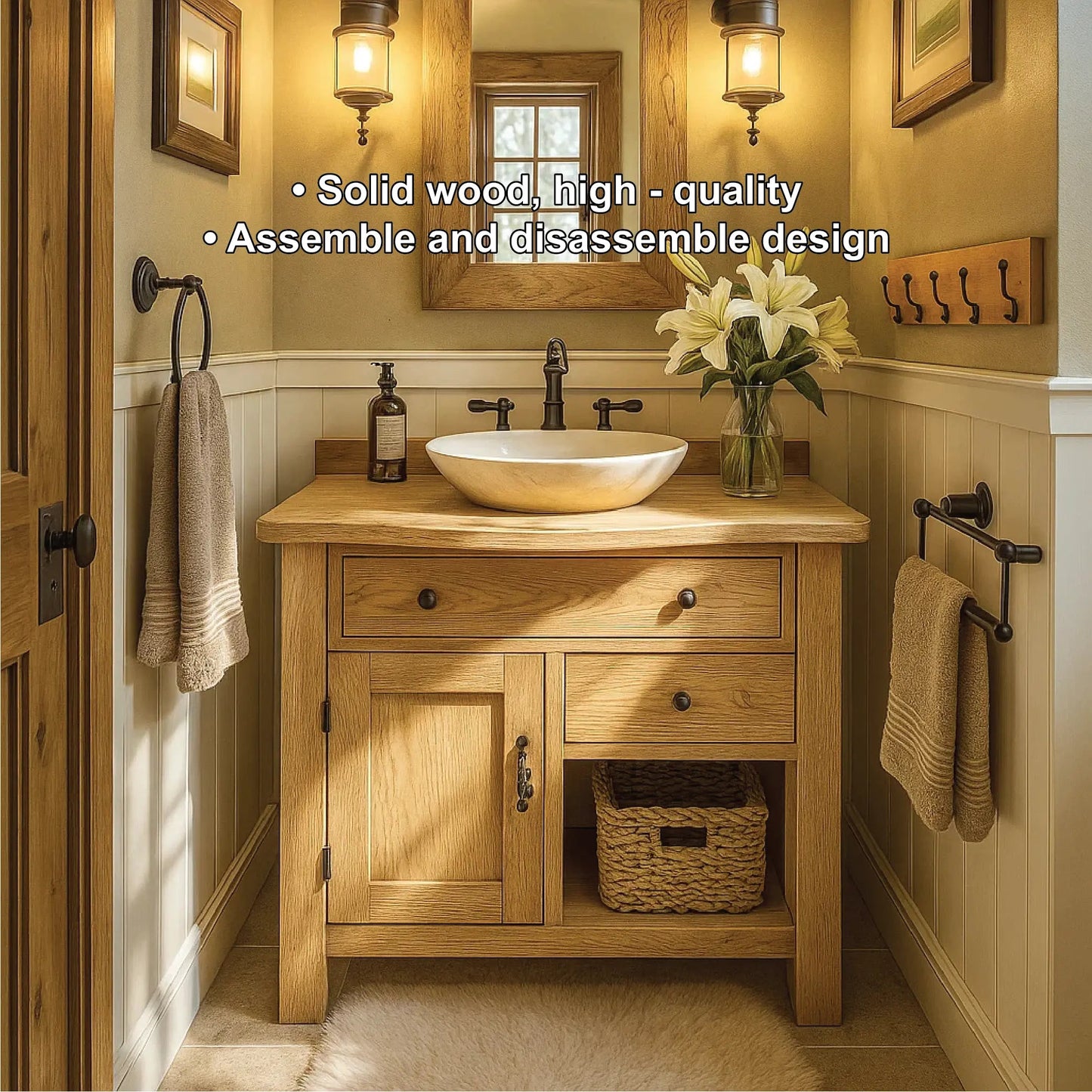 Handcrafted Solid Wood Bathroom Vanity with Drawer and Cabinet Storage in Natural Wood Finish Kitchnce