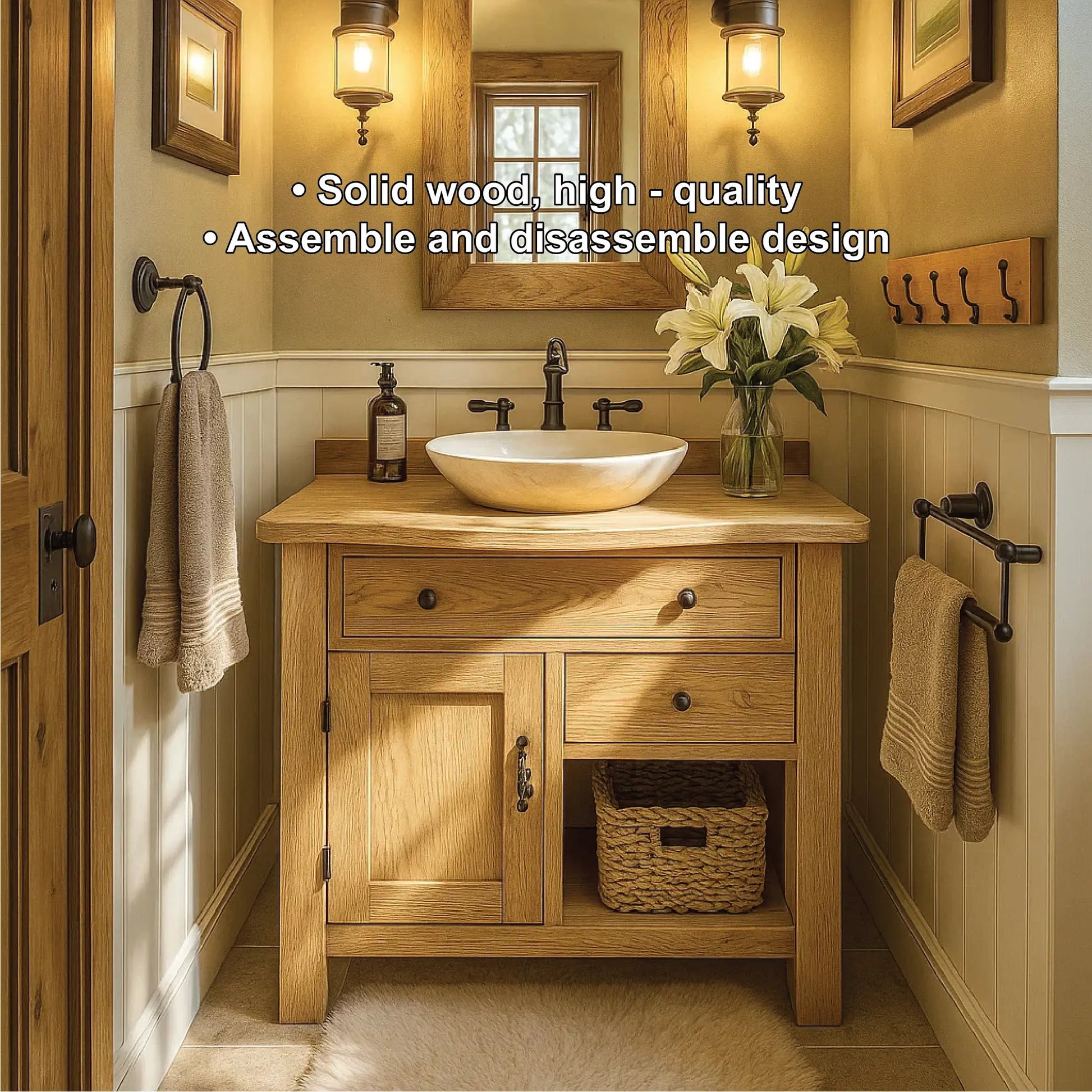 Handcrafted Solid Wood Bathroom Vanity with Drawer and Cabinet Storage in Natural Wood Finish Kitchnce