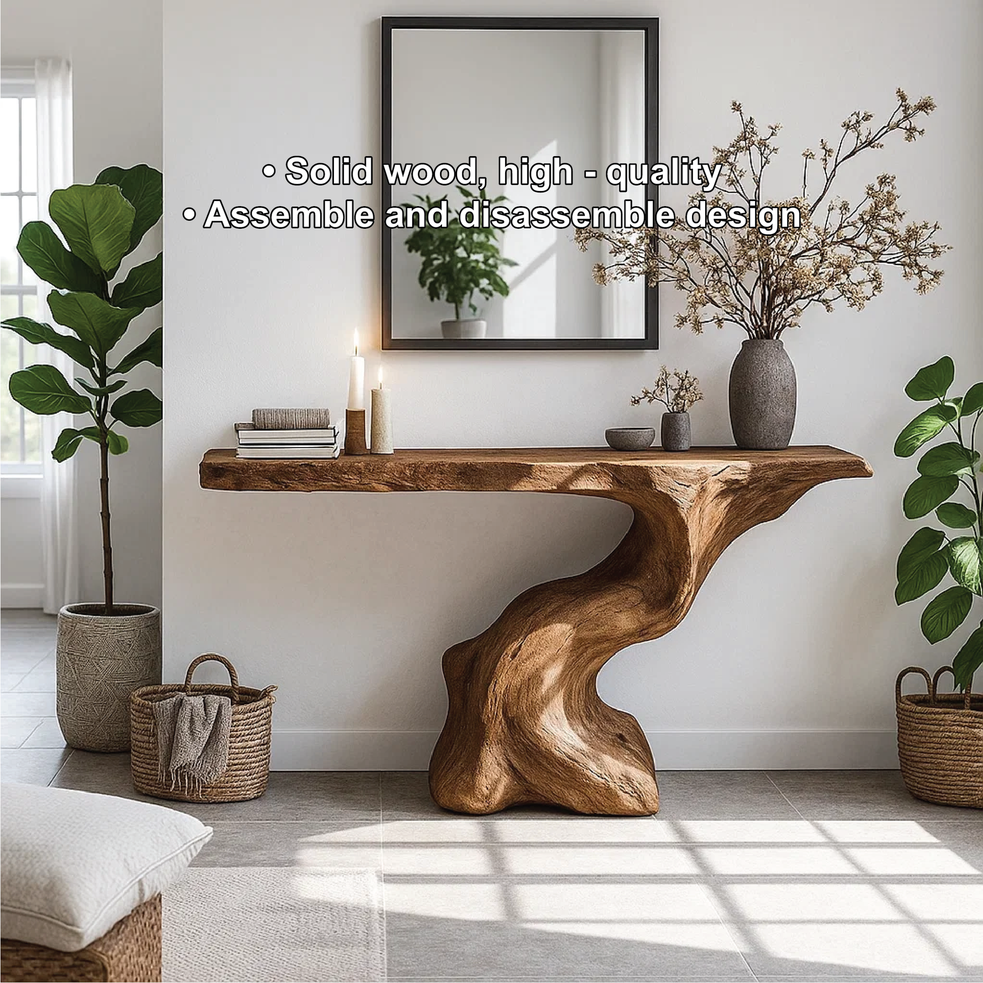 Handcrafted Solid Wood Console Table with Organic Sculpted Base and Natural Live Edge Design Kitchnce