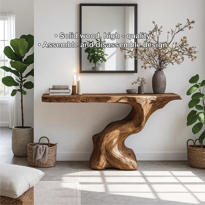 Handcrafted Solid Wood Console Table with Organic Sculpted Base and Natural Live Edge Design Kitchnce