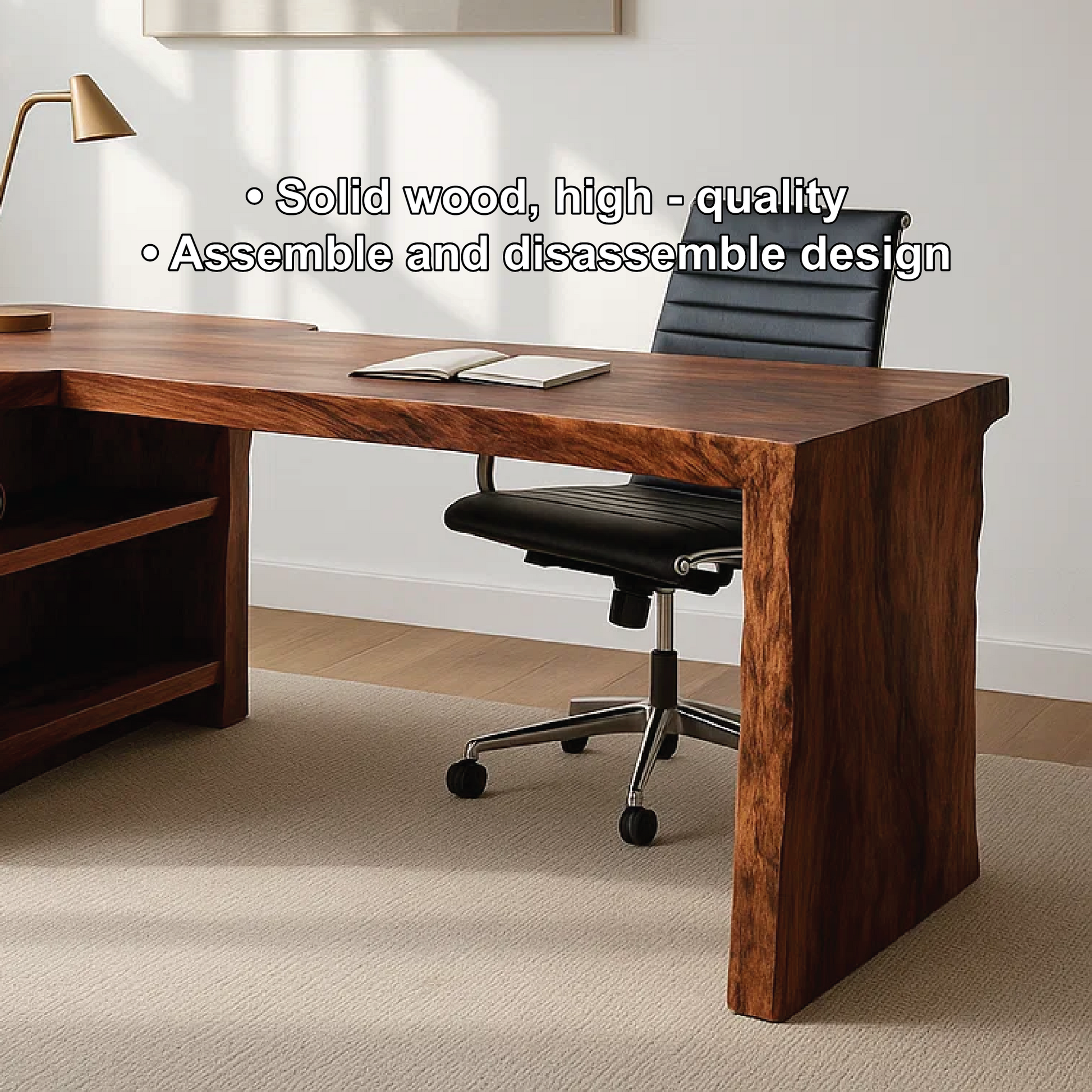 Handcrafted Solid Wood Executive Work Desk with Live-Edge Design and Built-In Open Shelving Kitchnce