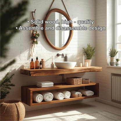 Handcrafted Solid Wood Floating Bathroom Vanity with Live Edge Countertop and Open Storage Shelf Kitchnce