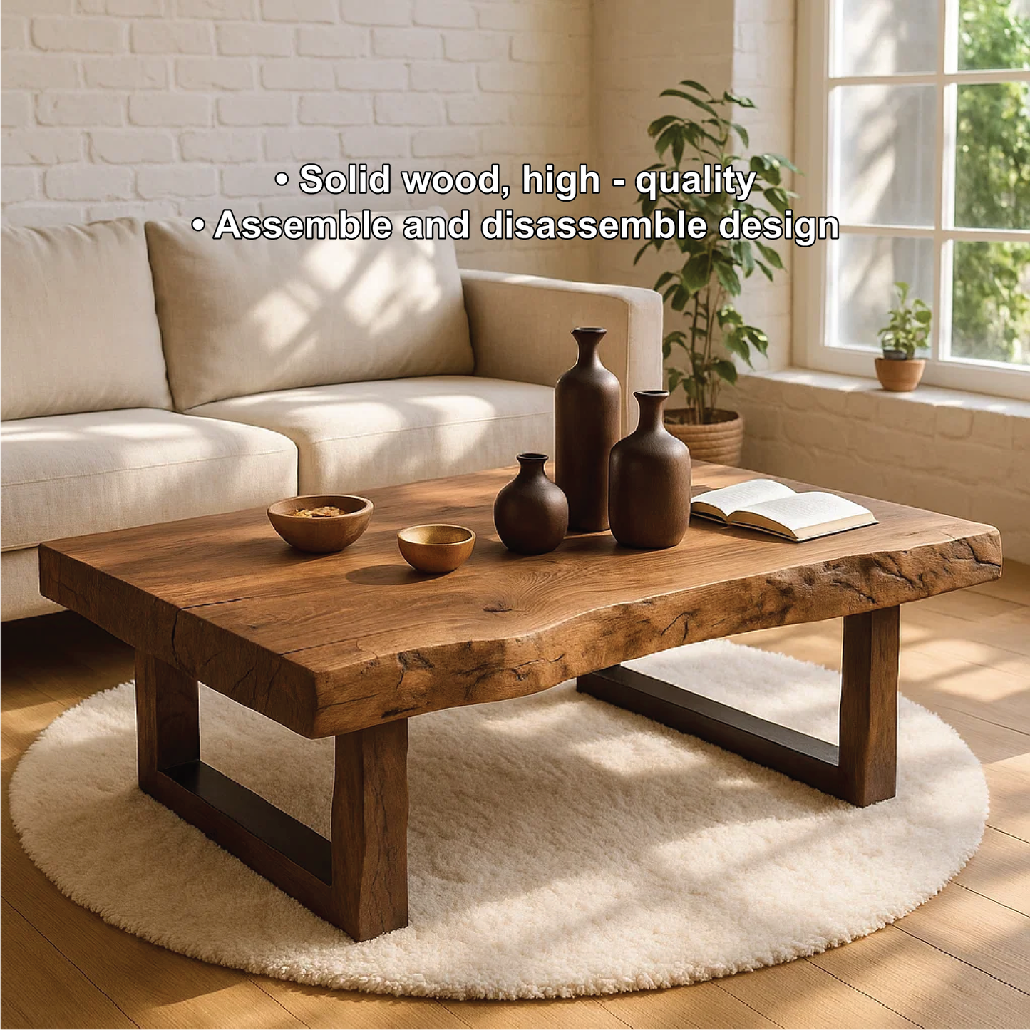Handcrafted Solid Wood Coffee Table with Live Edge Top and Modern Minimalist Base Design Kitchnce