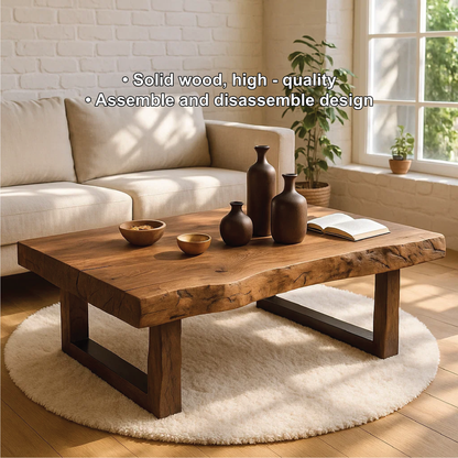Handcrafted Solid Wood Coffee Table with Live Edge Top and Modern Minimalist Base Design Kitchnce