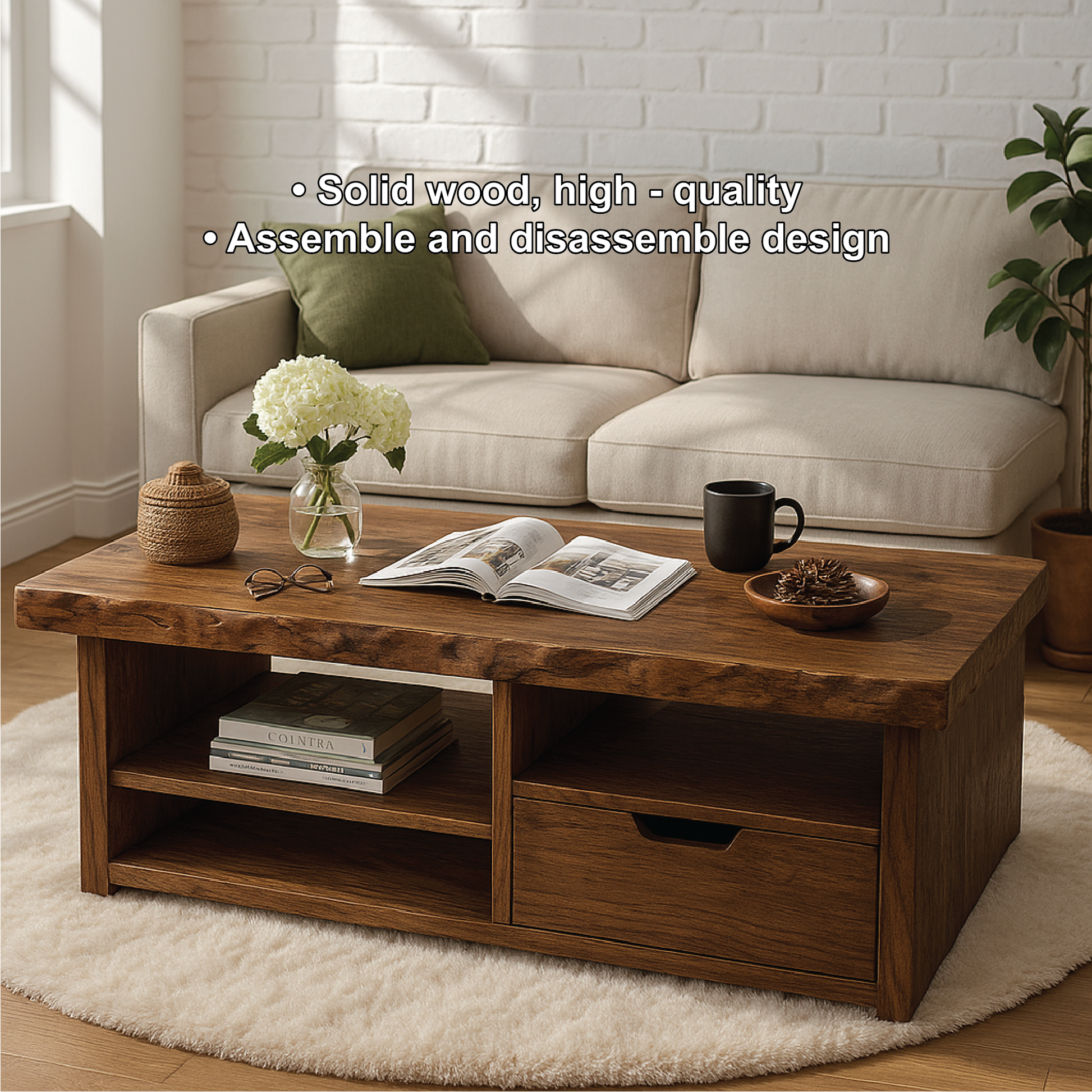 Handcrafted Solid Wood Coffee Table with Drawer and Open Shelves in Natural Live Edge Design Kitchnce