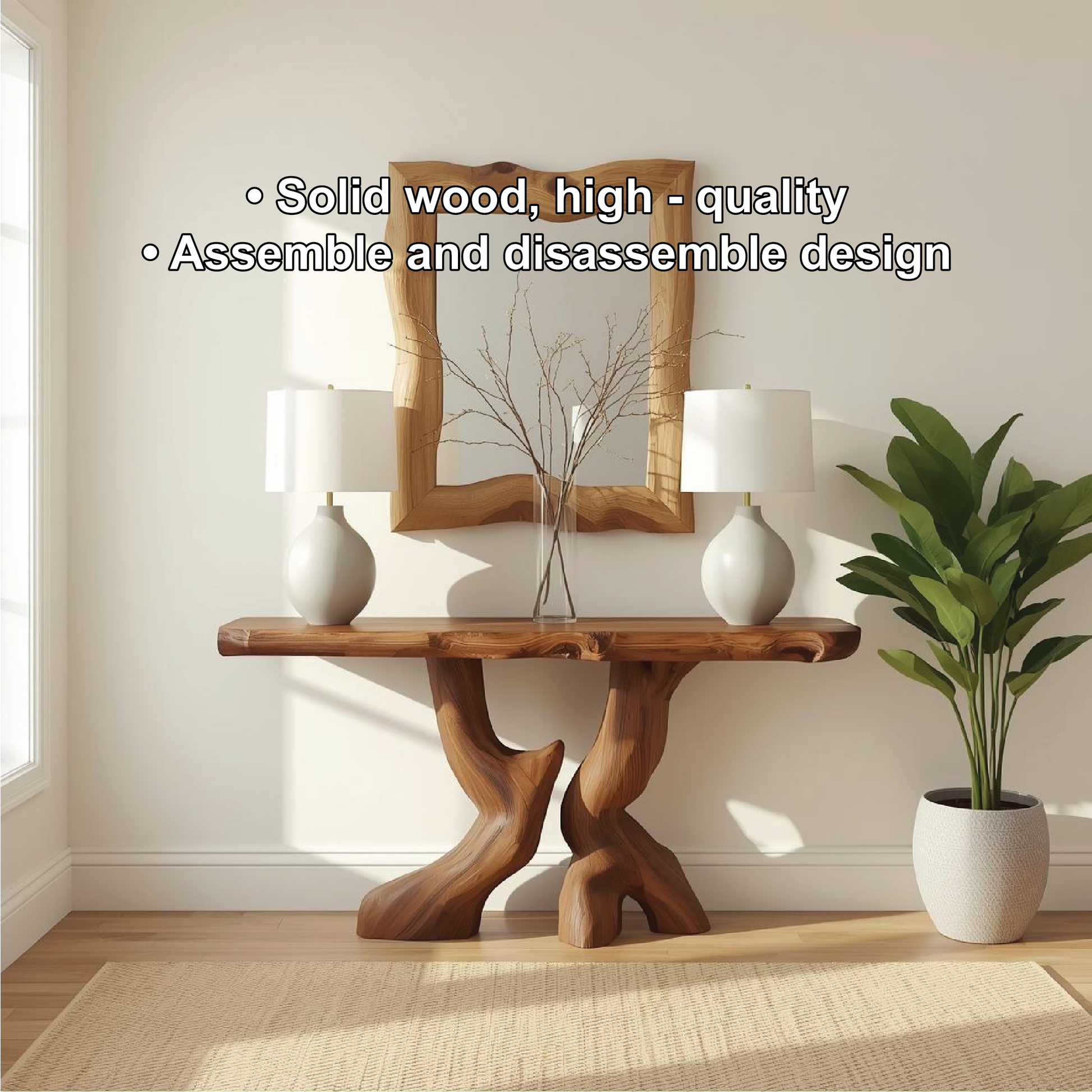 Handcrafted Solid Wood Console Table with Artistic Curved Base and Natural Live Edge Design Kitchnce