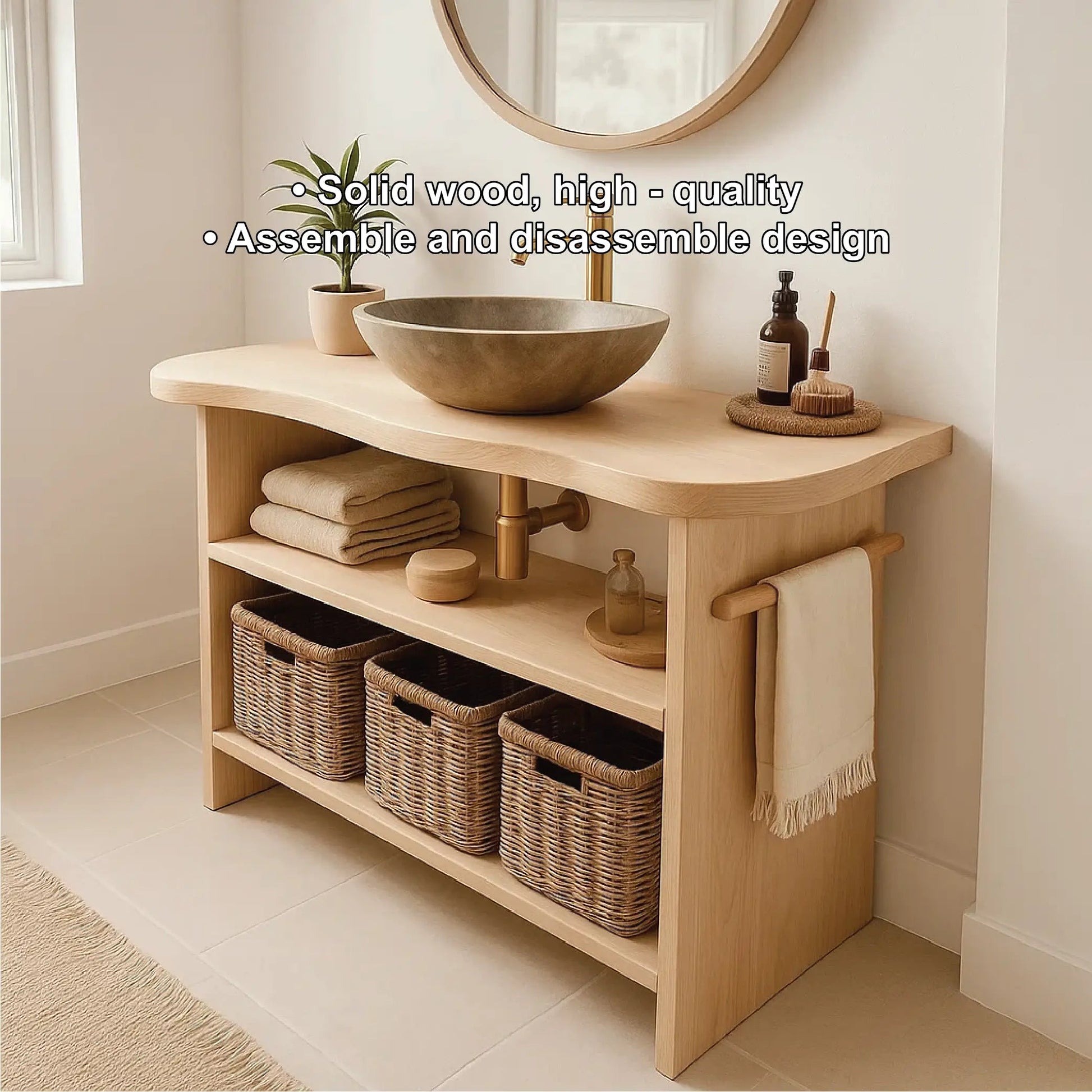 Handcrafted Solid Wood Bathroom Vanity with Curved Edge Design and Open Shelves for Modern Spaces Kitchnce