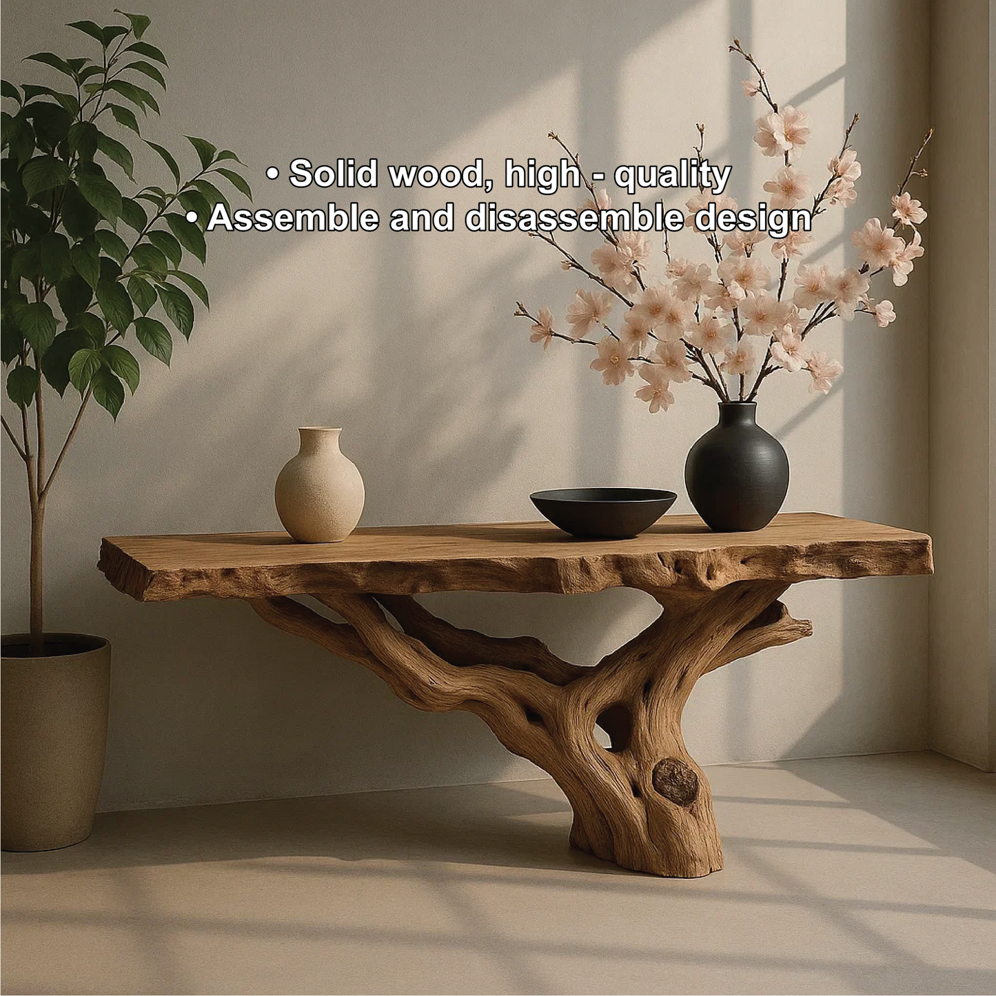 Handcrafted Solid Wood Console Table with Natural Root Base and Organic Live Edge Design Kitchnce