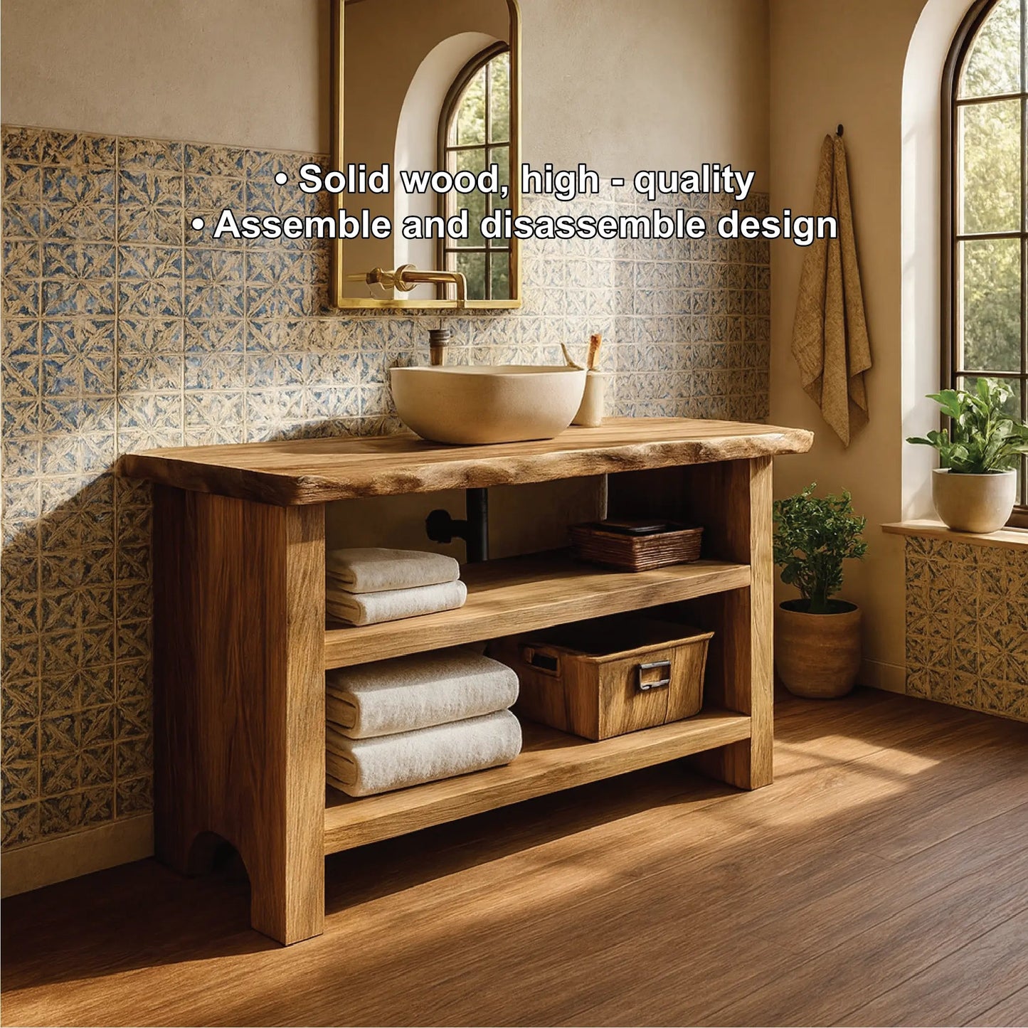 Handcrafted Solid Wood Bathroom Vanity with Live Edge Design and Rustic Open Shelf Storage Kitchnce