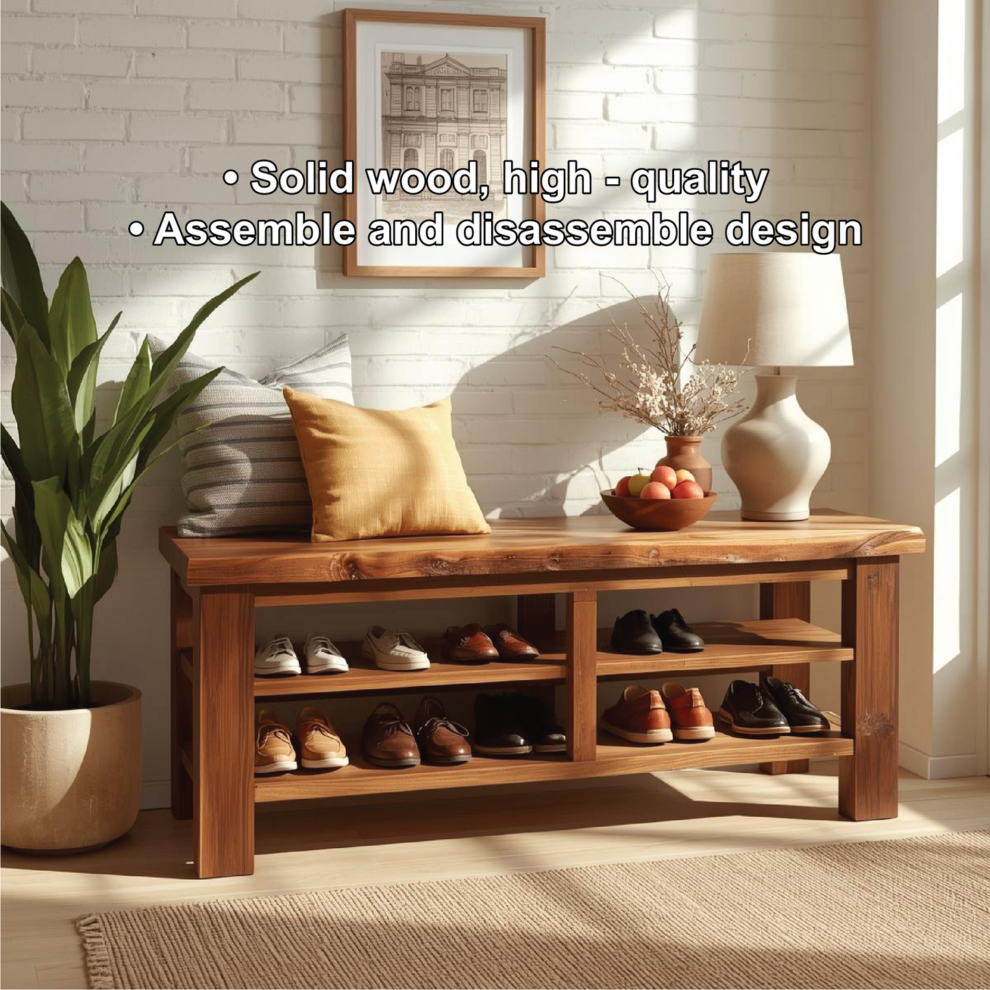 Handcrafted Solid Wood Entryway Bench with Live Edge Top and Multi-Tier Shoe Storage Shelves Kitchnce