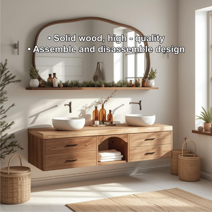 Handcrafted Solid Wood Floating Double Sink Vanity with Drawers and Natural Finish for Bathroom Kitchnce